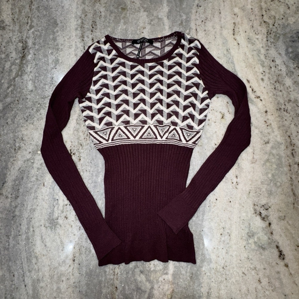 Y2K Energie Ribbed Knit Sweater Fitted Burgundy Geometric Juniors Sz M Preppy